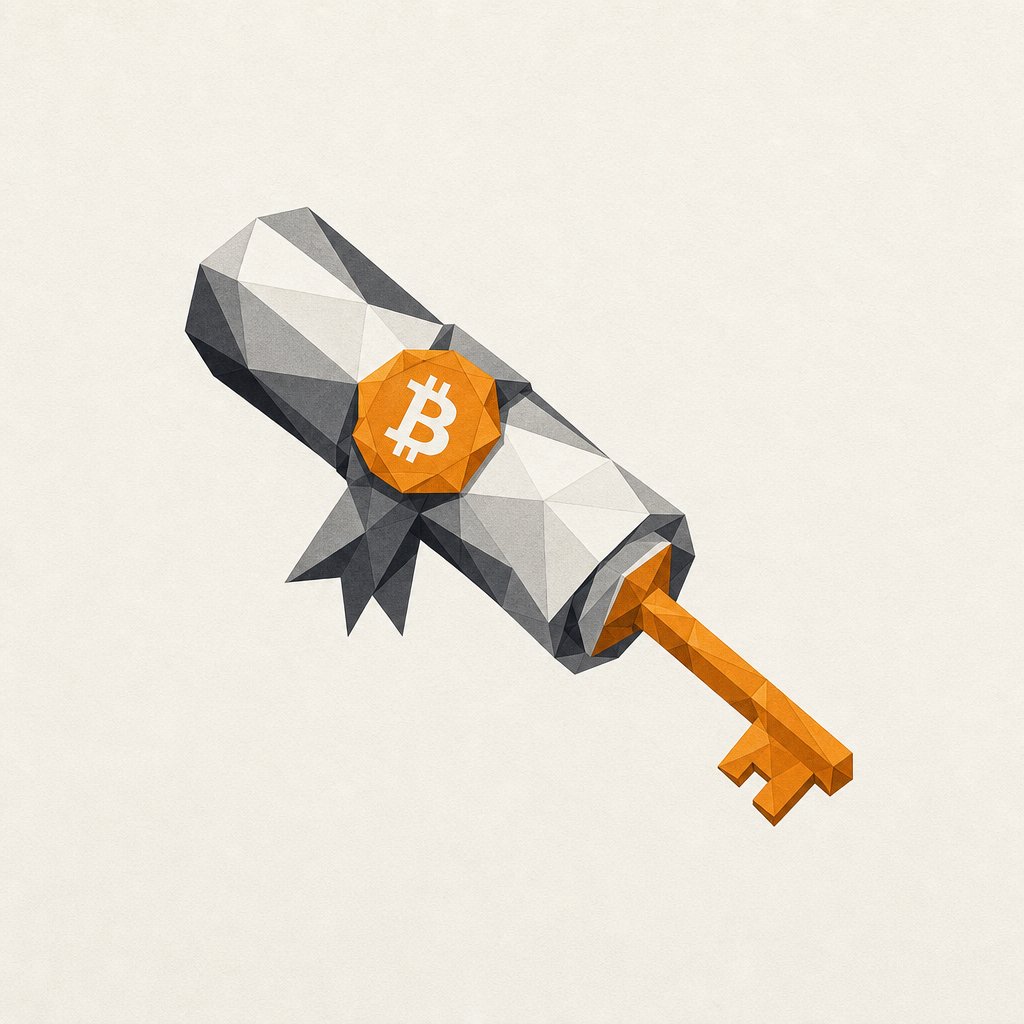 Ilustración del curso: un diploma con sello de Bitcoin que se prolonga en una llave